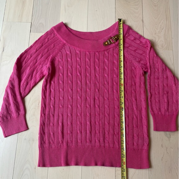 Ralph Lauren Pink Cable Knit Sweater leather buckle Boatneck Medium - Picture 5 of 8